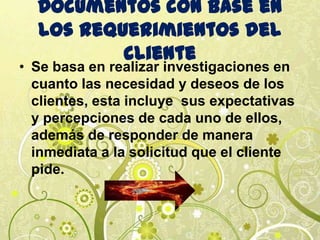 Documentos con base en
los requerimientos del
cliente
• Se basa en realizar investigaciones en
cuanto las necesidad y deseos de los
clientes, esta incluye sus expectativas
y percepciones de cada uno de ellos,
además de responder de manera
inmediata a la solicitud que el cliente
pide.
 