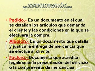 • Pedido.- Es un documento en el cual
se detallan los artículos que demanda
el cliente y las condiciones en la que se
efectuara la compra.
• Albarán.- Es un documento que detalla
y justica la entrega de mercancía que
se efectúa al cliente.
• Factura.- Documento que acredita
legalmente la presentación del servicio
o la compraventa de mercancías.
 