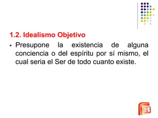 1.2. Idealismo Objetivo 
 Presupone la existencia de alguna 
conciencia o del espíritu por sí mismo, el 
cual seria el Ser de todo cuanto existe. 
 