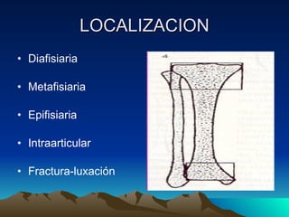 LOCALIZACION Diafisiaria Metafisiaria Epifisiaria Intraarticular Fractura-luxación 