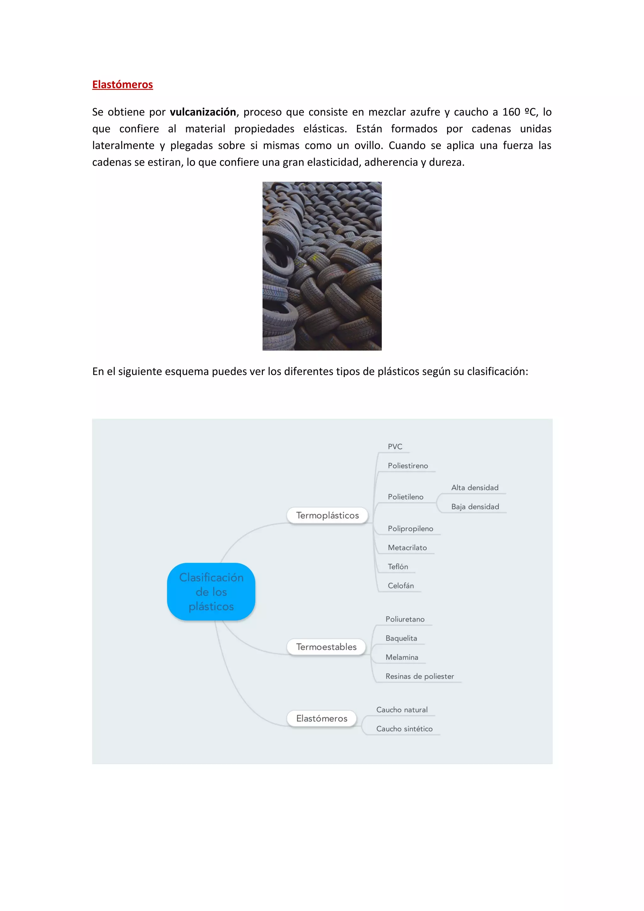 Elastómeros
Se obtiene por vulcanización, proceso que consiste en mezclar azufre y caucho a 160 ºC, lo
que confiere al material propiedades elásticas. Están formados por cadenas unidas
lateralmente y plegadas sobre si mismas como un ovillo. Cuando se aplica una fuerza las
cadenas se estiran, lo que confiere una gran elasticidad, adherencia y dureza.
En el siguiente esquema puedes ver los diferentes tipos de plásticos según su clasificación: