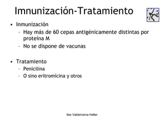 Imnunización-Tratamiento Inmunización Hay más de 60 cepas antigénicamente distintas por proteína M  No se dispone de vacunas Tratamiento Penicilina  O sino eritromícina y otros 