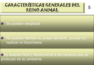 CARACTERÍSTICAS GENERALES DEL
                                                      5
         REINO ANIMAL


   Se pueden desplazar



   No pueden fabricar su propio alimento, porque no
   realizan la fotosíntesis


 Se adaptan fácil y rápidamente a los cambios que se
producen en su ambiente                             5
 