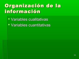 Organización de laOrganización de la
informacióninformación
 Variables cualitativasVariables cualitativas
 Variables cuantitativasVariables cuantitativas
1414
 