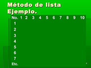 Método de listaMétodo de lista
Ejemplo.Ejemplo.
66
No. 1 2 3 4 5 6 7 8 9 10
1
2
3
4
5
6
7
Etc.
 