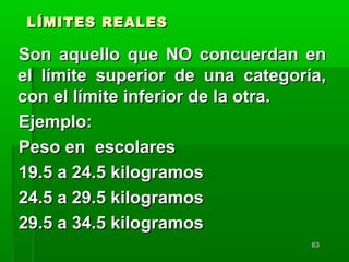 6363
LÍMITES REALESLÍMITES REALES
Son aquello que NO concuerdan enSon aquello que NO concuerdan en
el límite superior de una categoría,el límite superior de una categoría,
con el límite inferior de la otra.con el límite inferior de la otra.
Ejemplo:Ejemplo:
Peso en escolaresPeso en escolares
19.5 a 24.5 kilogramos19.5 a 24.5 kilogramos
24.5 a 29.5 kilogramos24.5 a 29.5 kilogramos
29.5 a 34.5 kilogramos29.5 a 34.5 kilogramos
 