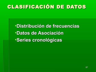 6767
CLASIFICACIÓN DE DATOSCLASIFICACIÓN DE DATOS
•Distribución de frecuenciasDistribución de frecuencias
•Datos de AsociaciónDatos de Asociación
•Series cronológicasSeries cronológicas
 
