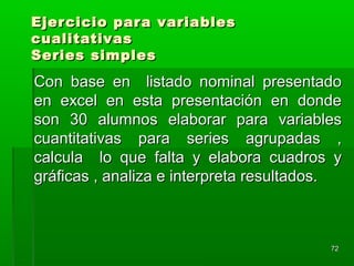 Ejercicio para variablesEjercicio para variables
cualitativascualitativas
Series simplesSeries simples
Con base en listado nominal presentadoCon base en listado nominal presentado
en excel en esta presentación en dondeen excel en esta presentación en donde
son 30 alumnos elaborar para variablesson 30 alumnos elaborar para variables
cuantitativas para series agrupadas ,cuantitativas para series agrupadas ,
calcula lo que falta y elabora cuadros ycalcula lo que falta y elabora cuadros y
gráficas , analiza e interpreta resultados.gráficas , analiza e interpreta resultados.
7272
 