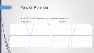 Función Potencia
 Sea f(x)=𝑎𝑥 𝑛, donde a Є ℝ y n un numero Natural ℕ ≥ 2
 Ej. f(x)=3𝑥2
f(x)=2𝑥3
 