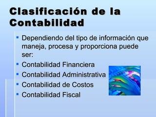 Clasificación de la Contabilidad Dependiendo del tipo de información que maneja, procesa y proporciona puede ser: Contabilidad Financiera Contabilidad Administrativa Contabilidad de Costos Contabilidad Fiscal 