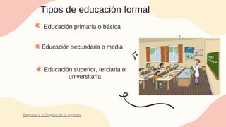 Tipos de educación formal
Regresa a la Página de la Agenda
Educación primaria o básica
Educación secundaria o media
Educac...