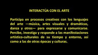 INTERACTÚA CON EL ARTE
Participa en procesos creativos con los lenguajes
del arte —música, artes visuales y dramáticas,
danza y otros— para expresarse y comunicarse.
Percibe, investiga y responde a las manifestaciones
artístico-culturales de su tiempo y entorno, así
como a las de otras épocas y culturas.
 
