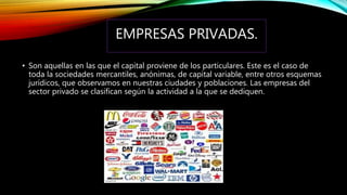 EMPRESAS PRIVADAS.
• Son aquellas en las que el capital proviene de los particulares. Este es el caso de
toda la sociedades mercantiles, anónimas, de capital variable, entre otros esquemas
jurídicos, que observamos en nuestras ciudades y poblaciones. Las empresas del
sector privado se clasifican según la actividad a la que se dediquen.
 
