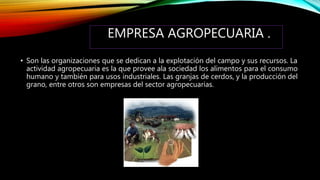 EMPRESA AGROPECUARIA .
• Son las organizaciones que se dedican a la explotación del campo y sus recursos. La
actividad agropecuaria es la que provee ala sociedad los alimentos para el consumo
humano y también para usos industriales. Las granjas de cerdos, y la producción del
grano, entre otros son empresas del sector agropecuarias.
 
