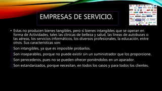 EMPRESAS DE SERVICIO.
• Estas no producen bienes tangibles, pero sí bienes intangibles que se operan en
forma de Actividades, tales las clínicas de belleza y salud, las líneas de autobuses o
las aéreas, los servicios informáticos, los diversos profesionales, la educación, entre
otros. Sus características son:
░Son intangibles, ya que es imposible probarlos.
░Son inseparables, porque no puede existir sin un suministrador que los proporcione.
░Son perecederos, pues no se pueden ofrecer poniéndolos en un aparador.
░Son estandarizados, porque necesitan, en todos los casos y para todos los clientes.
 