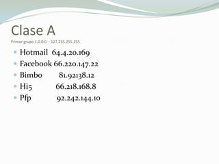 Clase A Primer grupo 1.0.0.0  - 127.255.255.255Hotmail  64.4.20.169Facebook 66.220.147.22Bimbo	 81.92138.12Hi5            66.218.168.8Pfp             92.242.144.10