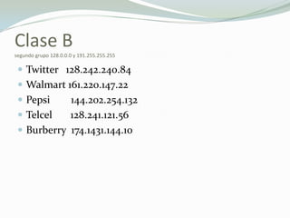 Clase Bsegundo grupo 128.0.0.0 y 191.255.255.255Twitter   128.242.240.84Walmart 161.220.147.22Pepsi        144.202.254.132Telcel       128.241.121.56Burberry  174.1431.144.10