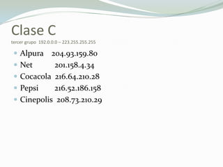 Clase Ctercer grupo  192.0.0.0 – 223.255.255.255Alpura    204.93.159.80Net           201.158.4.34Cocacola  216.64.210.28Pepsi        216.52.186.158Cinepolis  208.73.210.29