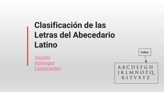 Clasificación de las
Letras del Abecedario
Latino
Vocales
Diptongos
Consonantes
Video
 