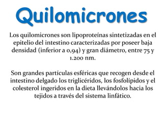 Quilomicrones
Los quilomicrones son lipoproteínas sintetizadas en el
epitelio del intestino caracterizadas por poseer baja
densidad (inferior a 0,94) y gran diámetro, entre 75 y
1.200 nm.
Son grandes partículas esféricas que recogen desde el
intestino delgado los triglicéridos, los fosfolípidos y el
colesterol ingeridos en la dieta llevándolos hacia los
tejidos a través del sistema linfático.
 