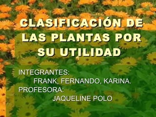 CLASIFICACIÓN DE LAS PLANTAS POR SU UTILIDAD  INTEGRANTES: FRANK, FERNANDO, KARINA. PROFESORA:  JAQUELINE POLO 