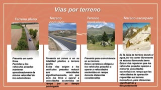 Presenta un suelo
firme
Permiten a los
vehículos pesados
mantener
aproximadamente la
misma velocidad de
los automotores
Terreno
ondulado
Terreno
montañoso
Terreno escarpado
Vías por terreno
Terreno plano
Presenta poca consistencia
en su terreno
Estas carreteras obligan a
los vehículos pesados a
operar a velocidades
sostenidas en rampa
durante distancias
considerables
Presenta en zonas o en su
totalidad piedras o terreno
suelto
Estas vías exigen a los
vehículos pesados reducir
sus velocidades
significativamente, sin que
esto los lleve a operar a
velocidades sostenidas en
rampa por un tiempo
prolongado
Es la zona de terreno donde el
agua por no correr libremente
se estanca formando barro
Estas vías requieren que los
vehículos pesados operen a
menores velocidades
sostenidas en rampa que las
velocidades de operación
requeridas en terreno
montañoso, para distancias
significativas y
frecuentemente
 