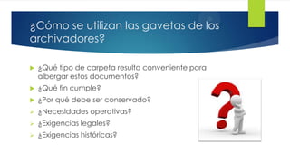 ¿Cómo se utilizan las gavetas de los
archivadores?


¿Qué tipo de carpeta resulta conveniente para
albergar estos documentos?



¿Qué fin cumple?



¿Por qué debe ser conservado?



¿Necesidades operativas?



¿Exigencias legales?



¿Exigencias históricas?

 