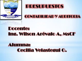 PRESUPUESTOS

      CONTABILIDAD Y AUDITORIA


Docente:
Ing. Wilson Arévalo A, MsCF

Alumna:
   Cecilia Velastegui O.
 