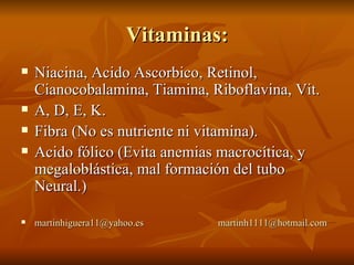 Vitaminas: Niacina, Acido Ascorbico, Retinol, Cianocobalamina, Tiamina, Riboflavina, Vit.  A, D, E, K. Fibra (No es nutriente ni vitamina). Acido fólico (Evita anemias macrocítica, y megaloblástica, mal formación del tubo Neural.) [email_address]   [email_address] 