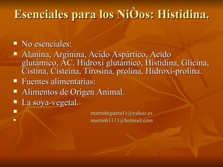 Esenciales para los Niños: Histidina.  No esenciales: Alanina, Arginina, Acido Aspártico, Acido glutámico, AC. Hidroxi glutámico, Histidina, Glicina, Cistina, Cisteína, Tirosina, prolina, Hidroxi-prolina. Fuentes alimentarias: Alimentos de Origen Animal. La soya-vegetal. [email_address] [email_address] 