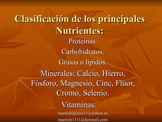 Clasificación de los principales Nutrientes: Proteínas. Carbohidratos. Grasas o lípidos. Minerales: Calcio, Hierro, Fósforo, Magnesio, Cinc, Flúor, Cromo, Selenio. Vitaminas:  [email_address] [email_address] 