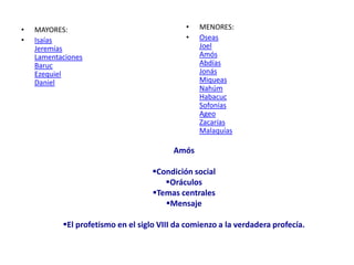 •   MAYORES:                                 •   MENORES:
•   Isaías                                   •   Oseas
    Jeremías                                     Joel
    Lamentaciones                                Amós
    Baruc                                        Abdías
    Ezequiel                                     Jonás
    Daniel                                       Miqueas
                                                 Nahúm
                                                 Habacuc
                                                 Sofonías
                                                 Ageo
                                                 Zacarías
                                                 Malaquías

                                          Amós

                                    Condición social
                                       Oráculos
                                    Temas centrales
                                       Mensaje

           El profetismo en el siglo VIII da comienzo a la verdadera profecía.
 