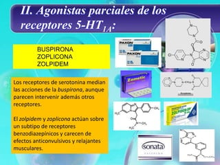 II. Agonistas parciales de los
  receptores 5-HT1A:
         BUSPIRONA
         ZOPLICONA
         ZOLPIDEM

Los receptores de serotonina median
las acciones de la buspirona, aunque
parecen intervenir además otros
receptores.

El zolpidem y zoplicona actúan sobre
un subtipo de receptores
benzodiazepínicos y carecen de
efectos anticonvulsivos y relajantes
musculares.
 