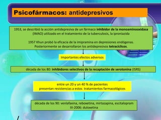 Psicofármacos: antidepresivos

1953, se describió la acción antidepresiva de un fármaco inhibidor de la monoaminooxidasa
            (IMAO) utilizado en el tratamiento de la tuberculosis, la iproniazida

         1957 Khun probó la eficacia de la imipramina en depresiones endógenas.
             Posteriormente se desarrollaron los antidepresivos tetracíclicos.


                               Importantes efectos adversos


       década de los 80: inhibidores selectivos de la recaptación de serotonina (ISRS)



                            entre un 20 y un 40 % de pacientes
                presentan resistencias a estos tratamientos farmacológicos



             década de los 90: venlafaxina, reboxetina, mirtazapina, escitalopram
                                     III-2006: duloxetina
 
