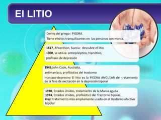 El LITIO
       Deriva del griego : PIEDRA.
       Tiene efectos tranquilizantes en las personas con manía.

       1817, Afwerdson, Suecia: descubre el litio
       1900, se utiliza: antiepiléptico, hipnótico,
       profilaxis de depresión

      1949,John Cade, Australia,
      antimaníaco, profiláctico del trastorno
      maníaco-depresivo El litio es la PIEDRA ANGULAR del tratamiento
      de la fase de excitación en la depresión bipolar

      1970, Estados Unidos, tratamiento de la Manía aguda .
      1974, Estados Unidos, profiláctico del Trastorno Bipolar.
      Hoy: tratamiento más ampliamente usado en el trastorno afectivo
      bipolar
 