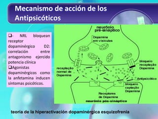 Mecanismo de acción de los
   Antipsicóticos

- NRL bloquean
receptor
dopaminérgico        D2:
correlación       entre
antagonismo ejercido
potencia clínica
Agonistas
dopaminérgicos como
la anfetamina inducen
síntomas psicóticos.




 teoría de la hiperactivación dopaminérgica esquizofrenia
 