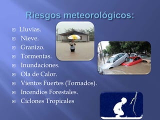  Lluvias.
 Nieve.
 Granizo.
 Tormentas.
 Inundaciones.
 Ola de Calor.
 Vientos Fuertes (Tornados).
 Incendios Forestales.
 Ciclones Tropicales
 