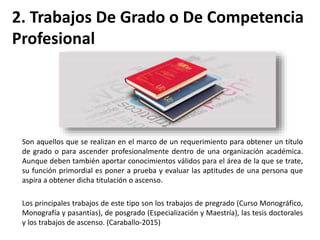 2. Trabajos De Grado o De Competencia
Profesional
Son aquellos que se realizan en el marco de un requerimiento para obtener un título
de grado o para ascender profesionalmente dentro de una organización académica.
Aunque deben también aportar conocimientos válidos para el área de la que se trate,
su función primordial es poner a prueba y evaluar las aptitudes de una persona que
aspira a obtener dicha titulación o ascenso.
Los principales trabajos de este tipo son los trabajos de pregrado (Curso Monográfico,
Monografía y pasantías), de posgrado (Especialización y Maestría), las tesis doctorales
y los trabajos de ascenso. (Caraballo-2015)
 