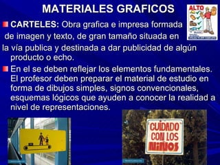 MATERIALES GRAFICOS   CARTELES:  Obra grafica e impresa formada de imagen y texto, de gran tamaño situada en la vía publica y destinada a dar publicidad de algún producto o echo. En el se deben reflejar los elementos fundamentales. El profesor deben preparar el material de estudio en forma de dibujos simples, signos convencionales, esquemas lógicos que ayuden a conocer la realidad a nivel de representaciones. 