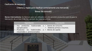 Clasificación de mercancías
Criterios y reglas para clasificar correctamente una mercancía
Bienes de consumo
Bienes intermediaries: Se fabrican para ser utilizados en otro proceso productivo para la para la
fabricación de un bien final. Por ejemplo las materias primas.
Exportación Importación
• hoy productos tradicionales o
agropecuarios.
• Productos no tradicionales o
industriales o promocionados
• bienes de consumo.
• Materias primas e insumos.
• Bienes de capital.
 