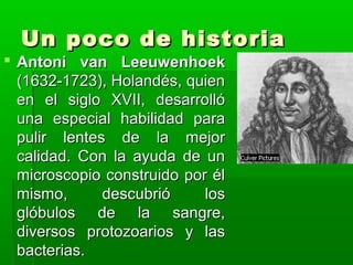 Un poco de historia
 Antoni van Leeuwenhoek
  (1632-1723), Holandés, quien
  en el siglo XVII, desarrolló
  una especial ...