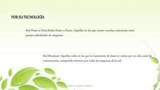 MARCOS GONZALES TARRILLO
POR SUTECNOLOGÍA
Red Point to Point:Redes Punto a Punto. Aquellas en las que existen muchas conexiones entre
parejas individuales de máquinas.
Red Broadcast: Aquellas redes en las que la transmisión de datos se realiza por un sólo canal de
comunicación, compartido entonces por todas las máquinas de la red.
 