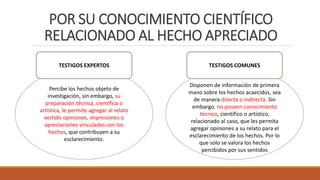 Disponen de información de primera
mano sobre los hechos acaecidos, sea
de manera directa o indirecta. Sin
embargo, no poseen conocimiento
técnico, científico o artístico,
relacionado al caso, que les permita
agregar opiniones a su relato para el
esclarecimiento de los hechos. Por lo
que solo se valora los hechos
percibidos por sus sentidos
Percibe los hechos objeto de
investigación, sin embargo, su
preparación técnica, científica o
artística, le permite agregar al relato
vertido opiniones, impresiones o
apreciaciones vinculadas con los
hechos, que contribuyen a su
esclarecimiento.
POR SU CONOCIMIENTO CIENTÍFICO
RELACIONADO AL HECHO APRECIADO
TESTIGOS EXPERTOS TESTIGOS COMUNES
 