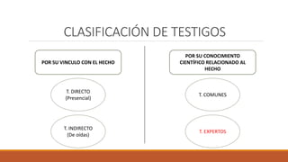 CLASIFICACIÓN DE TESTIGOS
POR SU VINCULO CON EL HECHO
POR SU CONOCIMIENTO
CIENTÍFICO RELACIONADO AL
HECHO
T. DIRECTO
(Presencial)
T. INDIRECTO
(De oídas)
T. COMUNES
T. EXPERTOS
 