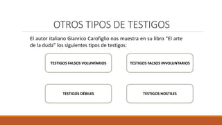 OTROS TIPOS DE TESTIGOS
TESTIGOS FALSOS VOLUNTARIOS
TESTIGOS DÉBILES TESTIGOS HOSTILES
TESTIGOS FALSOS INVOLUNTARIOS
El autor italiano Gianrico Carofiglio nos muestra en su libro “El arte
de la duda” los siguientes tipos de testigos:
 