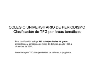 COLEGIO UNIVERSITARIO DE PERIODISMO
  Clasificación de TFG por áreas temáticas

   Esta clasificación incluye 145 trabajos finales de grado
   presentados y aprobados en mesa de defensa, desde 1997 a
   diciembre de 2011.

   No se incluyen TFG aún pendientes de defensa ni proyectos.
 