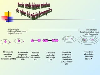 baja energía alta energía
alta longitud de onda baja longitud de onda
baja frecuencia alta frecuencia
Resonancia
magnética
del spin
electrónico (RMS)
Resonancia
magnética
del spin nuclear
RMN
Rotación
molecular
Microondas
MO
Vibración
molecular
Infrarrojo
IR
Transición
electrónica
superficial
Ultravioleta
(UV) y visible
(V)
Transición
electrónica
profunda
Rayos X
 