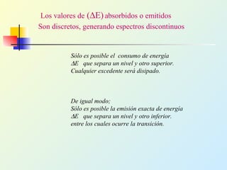 Los valores de (∆E)absorbidos o emitidos
Son discretos, generando espectros discontinuos
Sólo es posible el consumo de energía
∆E que separa un nivel y otro superior.
Cualquier excedente será disipado.
De igual modo;
Sólo es posible la emisión exacta de energía
∆E que separa un nivel y otro inferior.
entre los cuales ocurre la transición.
 