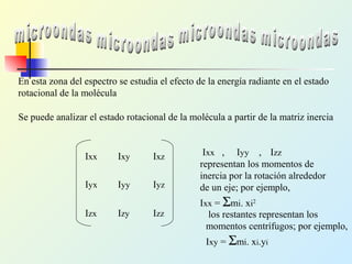 En esta zona del espectro se estudia el efecto de la energía radiante en el estado
rotacional de la molécula
Se puede analizar el estado rotacional de la molécula a partir de la matriz inercia
Ixx Ixy Ixz
Iyx Iyy Iyz
Izx Izy Izz
Ixx , Iyy , Izz
representan los momentos de
inercia por la rotación alrededor
de un eje; por ejemplo,
Ixx = Σmi. xi2
los restantes representan los
momentos centrífugos; por ejemplo,
Ixy = Σmi. xi.yi
 