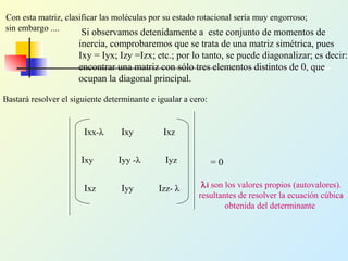 Con esta matriz, clasificar las moléculas por su estado rotacional sería muy engorroso;
sin embargo .... Si observamos detenidamente a este conjunto de momentos de
inercia, comprobaremos que se trata de una matriz simétrica, pues
Ixy = Iyx; Izy =Izx; etc.; por lo tanto, se puede diagonalizar; es decir:
encontrar una matriz con sólo tres elementos distintos de 0, que
ocupan la diagonal principal.
Bastará resolver el siguiente determinante e igualar a cero:
Ixx-λ Ixy Ixz
Ixy Iyy -λ Iyz
Ixz Iyy Izz- λ
= 0
λi son los valores propios (autovalores).
resultantes de resolver la ecuación cúbica
obtenida del determinante
 
